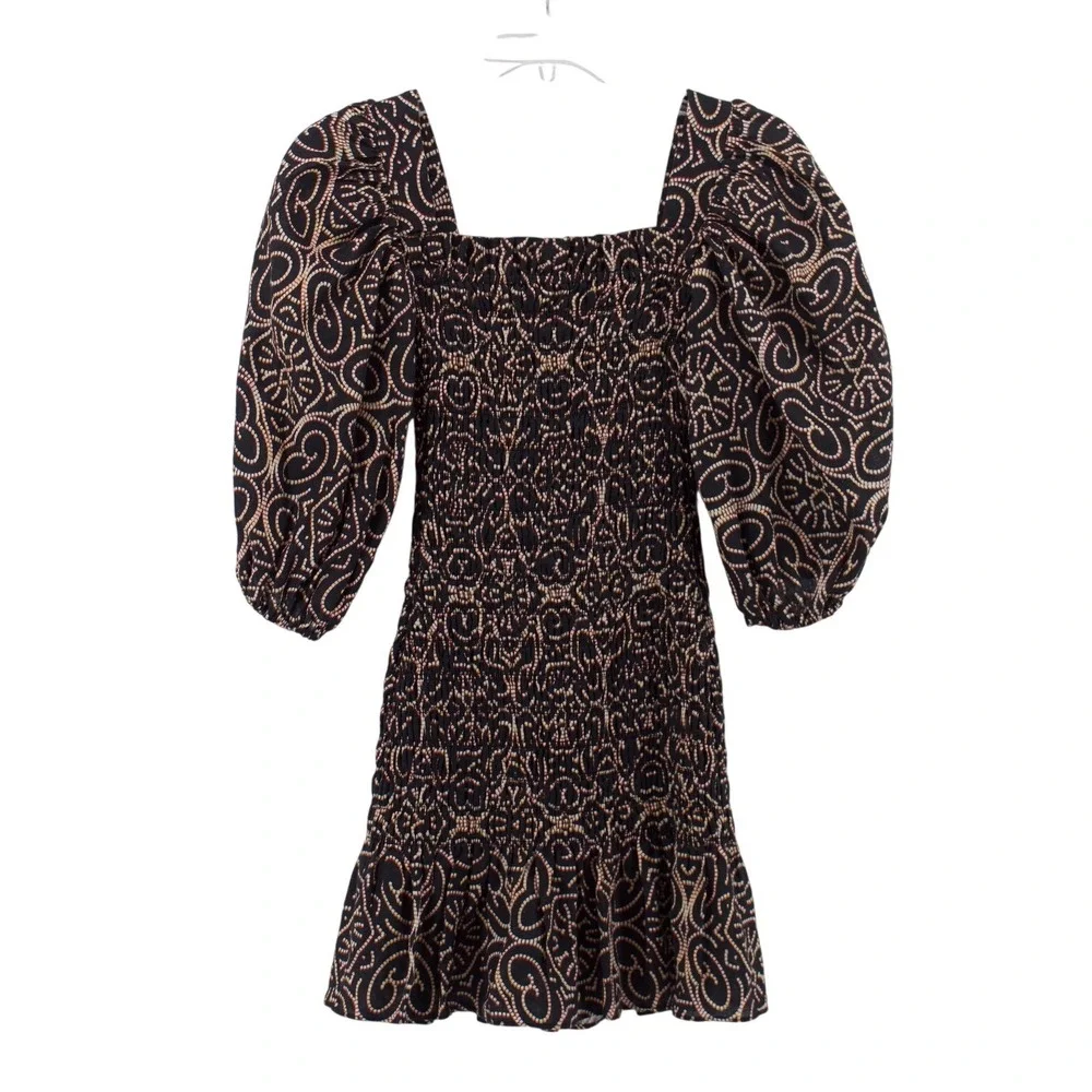 Alexis Mini Dress Womens XS Black Geometric Smocked Puff Sleeve Linen Ruffle